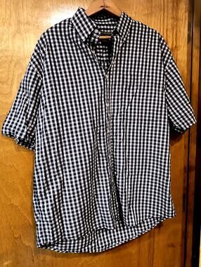 1898.  Men's Button Down Short Sleeve Shirt Chesterfield Black Gold Gingham